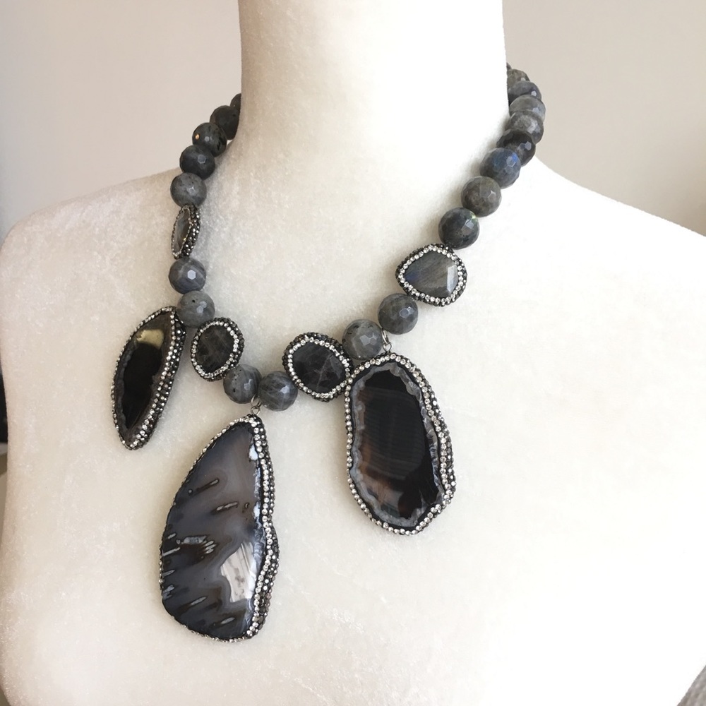 Statement Necklace Labradorite Gemstone Agate Slab - image 2